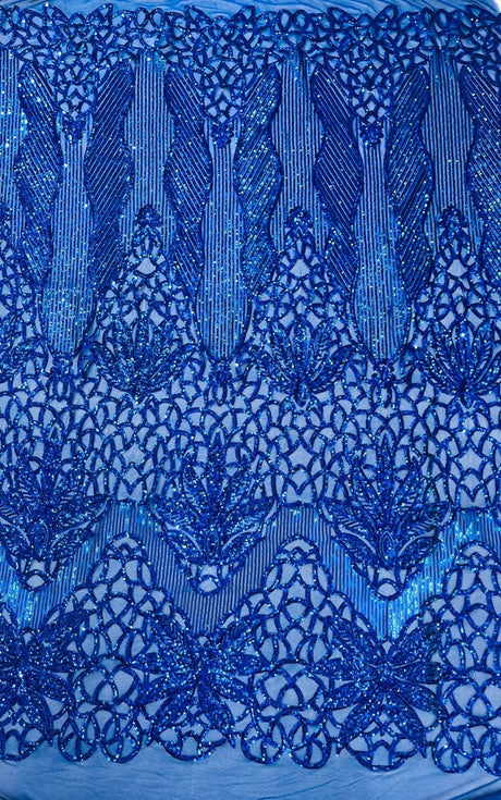 Feather Damask Sequin Design 4 Way Stretch Mesh Fabric - Floral Damask, Iridescent Sequins, 4 Way Stretch, 1 Yard