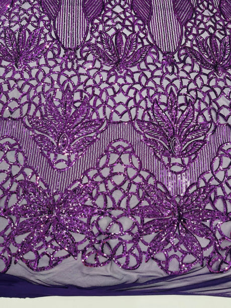 Feather Damask Sequin Design 4 Way Stretch Mesh Fabric - Floral Damask, Iridescent Sequins, 4 Way Stretch, 1 Yard
