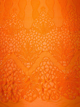 Feather Damask Sequin Design 4 Way Stretch Mesh Fabric - Floral Damask, Iridescent Sequins, 4 Way Stretch, 1 Yard