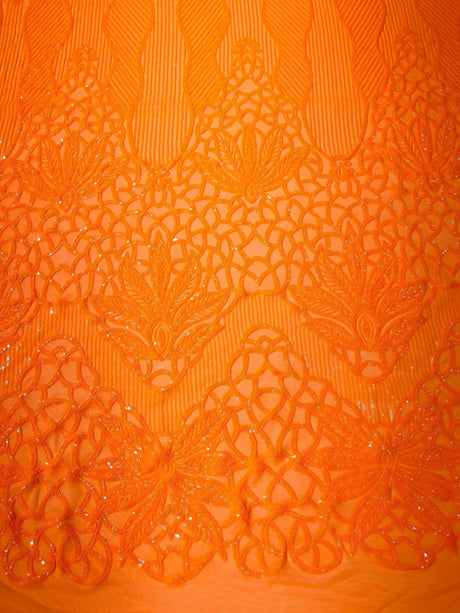 Feather Damask Sequin Design 4 Way Stretch Mesh Fabric - Floral Damask, Iridescent Sequins, 4 Way Stretch, 1 Yard