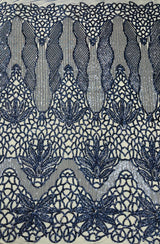 Feather Damask Sequin Design 4 Way Stretch Mesh Fabric - Floral Damask, Iridescent Sequins, 4 Way Stretch, 1 Yard