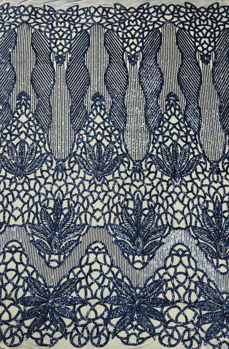 Feather Damask Sequin Design 4 Way Stretch Mesh Fabric - Floral Damask, Iridescent Sequins, 4 Way Stretch, 1 Yard