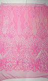 Feather Damask Sequin Design 4 Way Stretch Mesh Fabric - Floral Damask, Iridescent Sequins, 4 Way Stretch, 1 Yard