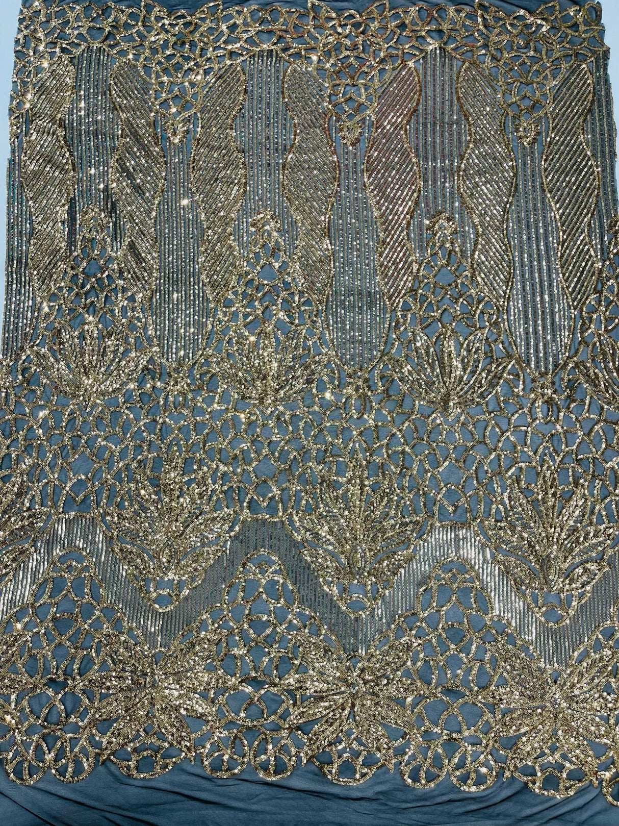 Feather Damask Sequin Design 4 Way Stretch Mesh Fabric - Floral Damask, Iridescent Sequins, 4 Way Stretch, 1 Yard