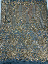 Feather Damask Sequin Design 4 Way Stretch Mesh Fabric - Floral Damask, Iridescent Sequins, 4 Way Stretch, 1 Yard