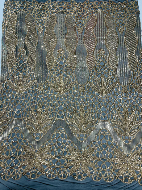 Feather Damask Sequin Design 4 Way Stretch Mesh Fabric - Floral Damask, Iridescent Sequins, 4 Way Stretch, 1 Yard