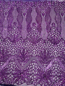 Feather Damask Sequin Design 4 Way Stretch Mesh Fabric - Floral Damask, Iridescent Sequins, 4 Way Stretch, 1 Yard