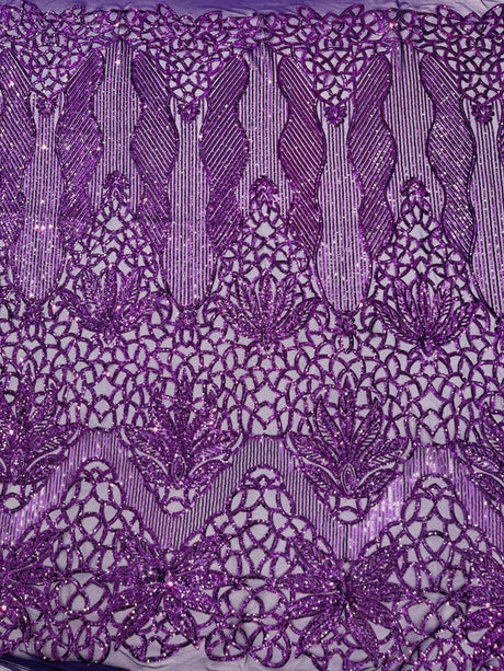 Feather Damask Sequin Design 4 Way Stretch Mesh Fabric - Floral Damask, Iridescent Sequins, 4 Way Stretch, 1 Yard