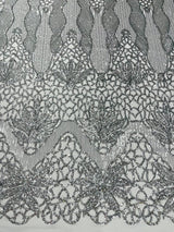 Feather Damask Sequin Design 4 Way Stretch Mesh Fabric - Floral Damask, Iridescent Sequins, 4 Way Stretch, 1 Yard