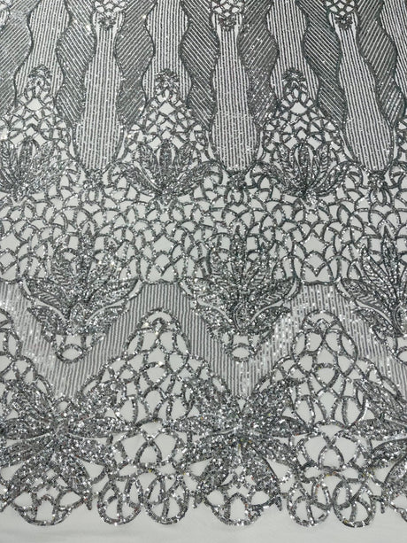 Feather Damask Sequin Design 4 Way Stretch Mesh Fabric - Floral Damask, Iridescent Sequins, 4 Way Stretch, 1 Yard
