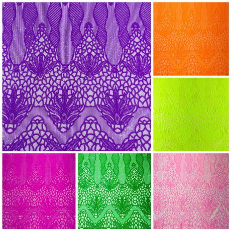 Feather Damask Sequin Design 4 Way Stretch Mesh Fabric - Floral Damask, Iridescent Sequins, 4 Way Stretch, 1 Yard