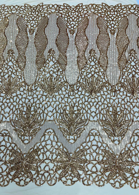 Feather Damask Sequin Design 4 Way Stretch Mesh Fabric - Floral Damask, Iridescent Sequins, 4 Way Stretch, 1 Yard