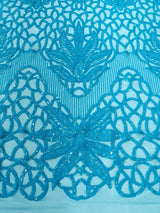 Feather Damask Sequin Design 4 Way Stretch Mesh Fabric - Floral Damask, Iridescent Sequins, 4 Way Stretch, 1 Yard