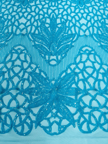 Feather Damask Sequin Design 4 Way Stretch Mesh Fabric - Floral Damask, Iridescent Sequins, 4 Way Stretch, 1 Yard