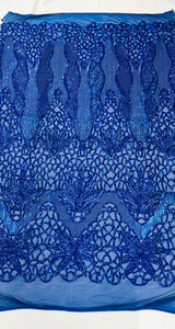 Feather Damask Sequin Design 4 Way Stretch Mesh Fabric - Floral Damask, Iridescent Sequins, 4 Way Stretch, 1 Yard