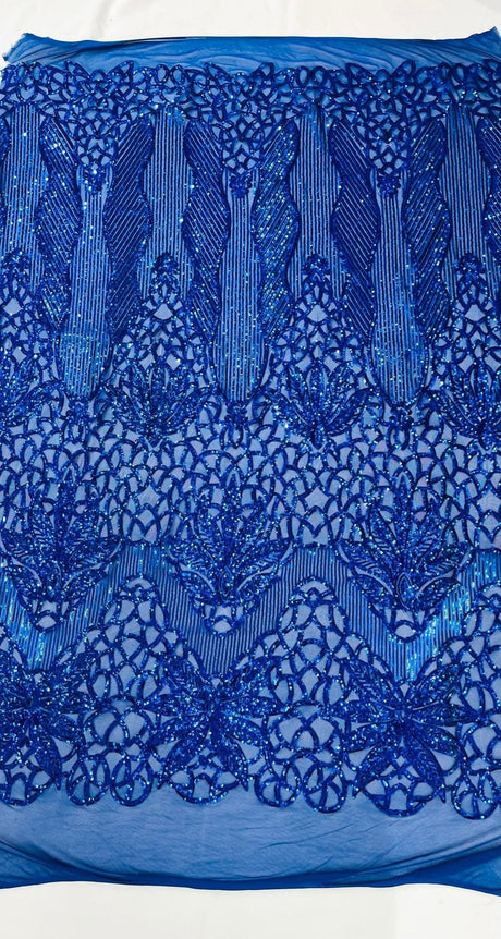 Feather Damask Sequin Design 4 Way Stretch Mesh Fabric - Floral Damask, Iridescent Sequins, 4 Way Stretch, 1 Yard