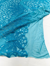 Feather Damask Sequin Design 4 Way Stretch Mesh Fabric - Floral Damask, Iridescent Sequins, 4 Way Stretch, 1 Yard