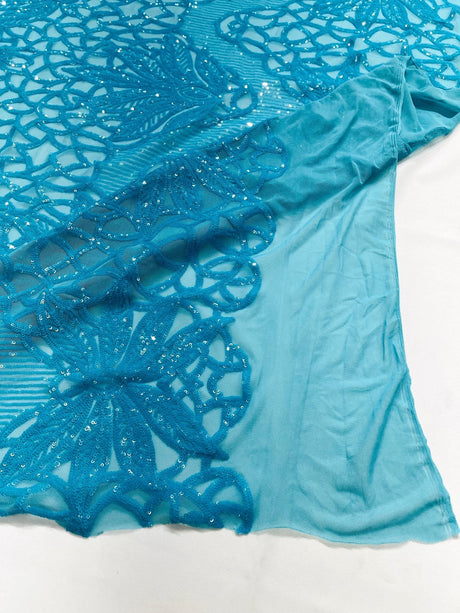 Feather Damask Sequin Design 4 Way Stretch Mesh Fabric - Floral Damask, Iridescent Sequins, 4 Way Stretch, 1 Yard