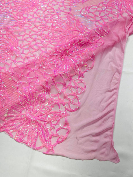 Feather Damask Sequin Design 4 Way Stretch Mesh Fabric - Floral Damask, Iridescent Sequins, 4 Way Stretch, 1 Yard
