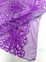 Feather Damask Sequin Design 4 Way Stretch Mesh Fabric - Floral Damask, Iridescent Sequins, 4 Way Stretch, 1 Yard