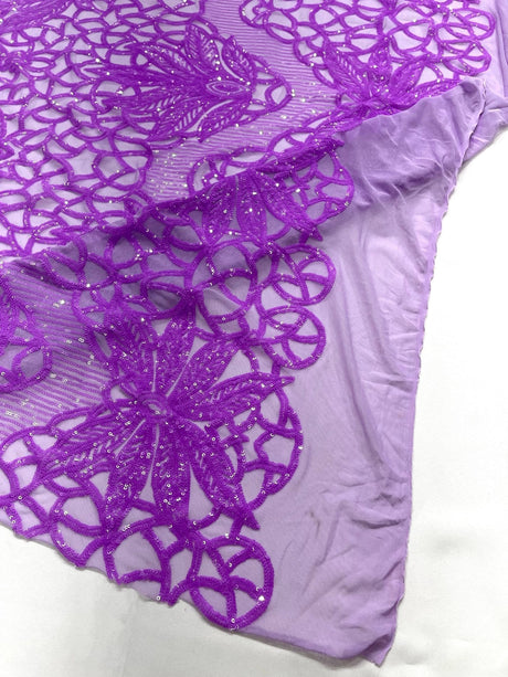 Feather Damask Sequin Design 4 Way Stretch Mesh Fabric - Floral Damask, Iridescent Sequins, 4 Way Stretch, 1 Yard