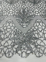 Feather Damask Sequin Design 4 Way Stretch Mesh Fabric - Floral Damask, Iridescent Sequins, 4 Way Stretch, 1 Yard