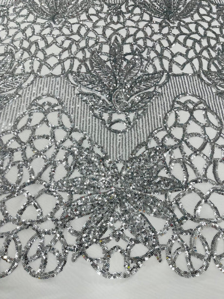 Feather Damask Sequin Design 4 Way Stretch Mesh Fabric - Floral Damask, Iridescent Sequins, 4 Way Stretch, 1 Yard