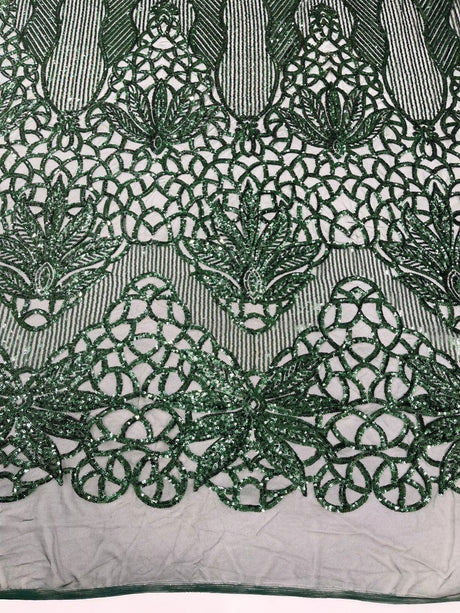 Feather Damask Sequin Design 4 Way Stretch Mesh Fabric - Floral Damask, Iridescent Sequins, 4 Way Stretch, 1 Yard