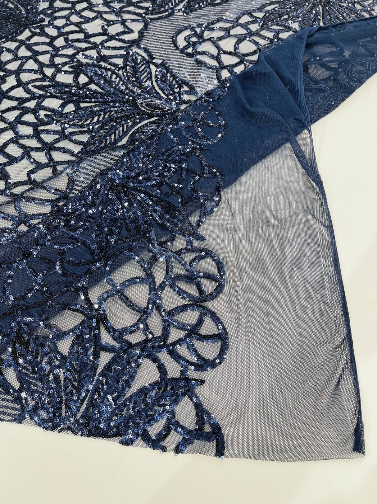 Feather Damask Sequin Design 4 Way Stretch Mesh Fabric - Floral Damask, Iridescent Sequins, 4 Way Stretch, 1 Yard