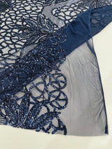 Feather Damask Sequin Design 4 Way Stretch Mesh Fabric - Floral Damask, Iridescent Sequins, 4 Way Stretch, 1 Yard
