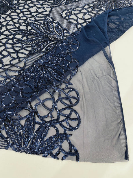 Feather Damask Sequin Design 4 Way Stretch Mesh Fabric - Floral Damask, Iridescent Sequins, 4 Way Stretch, 1 Yard