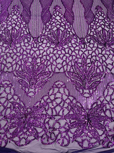 Feather Damask Sequin Design 4 Way Stretch Mesh Fabric - Floral Damask, Iridescent Sequins, 4 Way Stretch, 1 Yard
