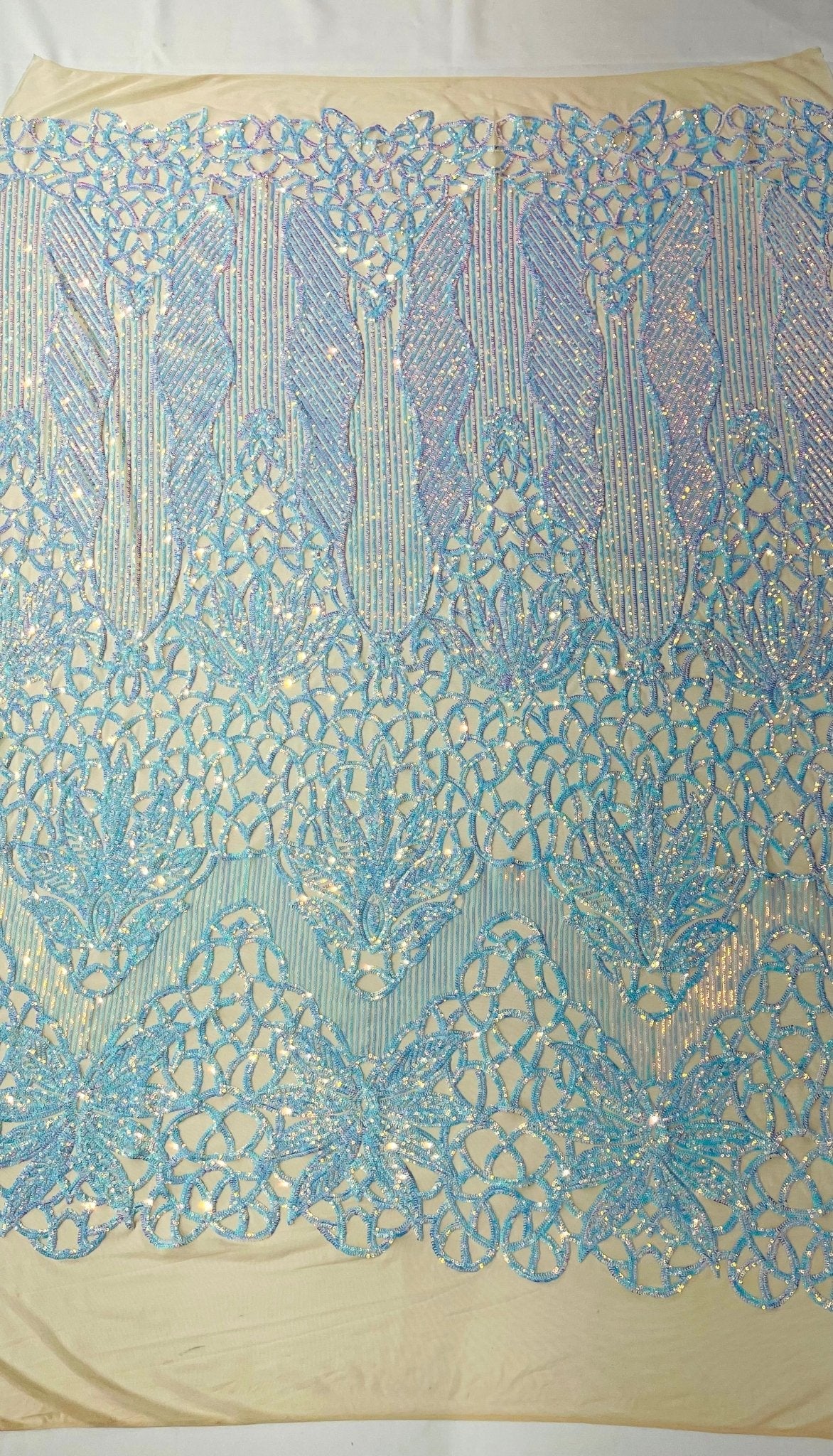 Feather Damask Sequin Design 4 Way Stretch Mesh Fabric - Floral Damask, Iridescent Sequins, 4 Way Stretch, 1 Yard