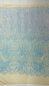 Feather Damask Sequin Design 4 Way Stretch Mesh Fabric - Floral Damask, Iridescent Sequins, 4 Way Stretch, 1 Yard