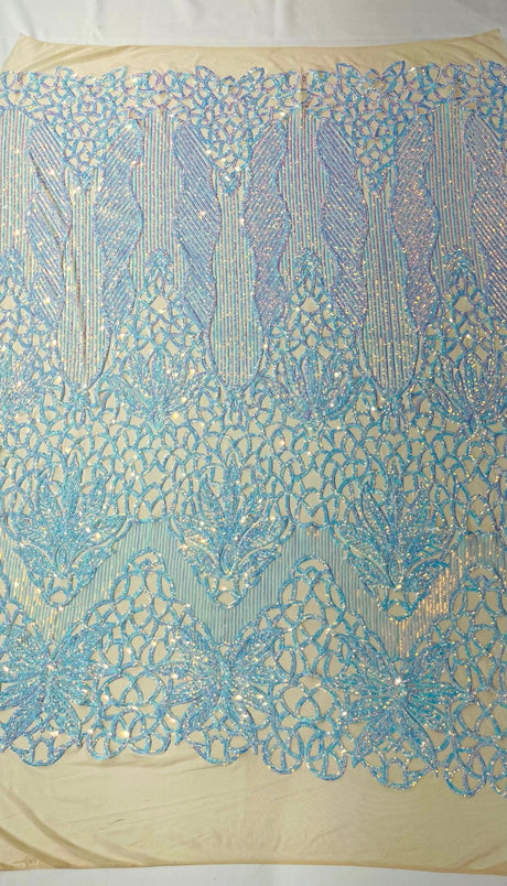 Feather Damask Sequin Design 4 Way Stretch Mesh Fabric - Floral Damask, Iridescent Sequins, 4 Way Stretch, 1 Yard