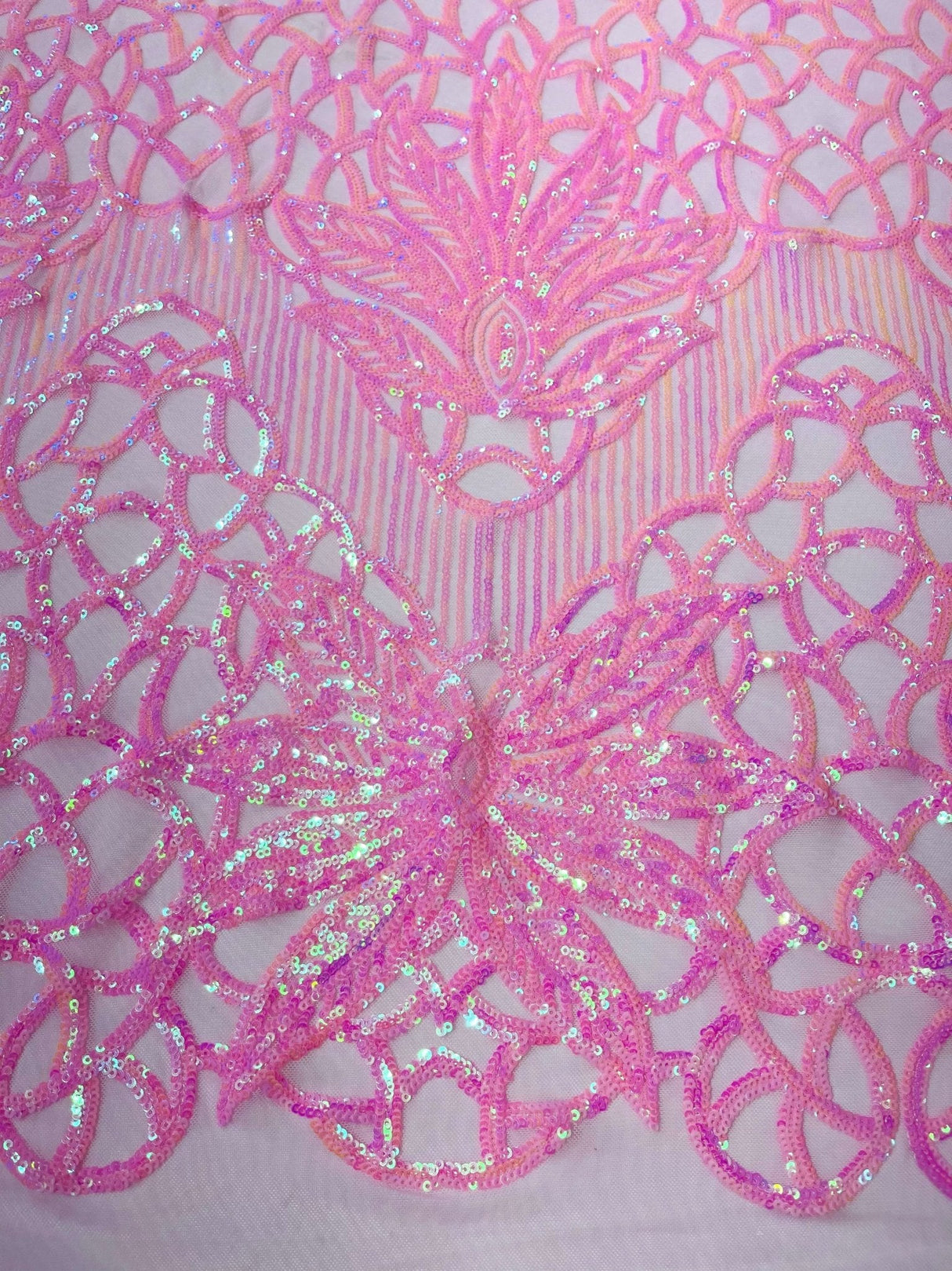 Feather Damask Sequin Design 4 Way Stretch Mesh Fabric - Floral Damask, Iridescent Sequins, 4 Way Stretch, 1 Yard