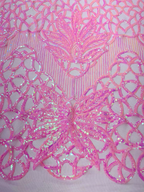 Feather Damask Sequin Design 4 Way Stretch Mesh Fabric - Floral Damask, Iridescent Sequins, 4 Way Stretch, 1 Yard