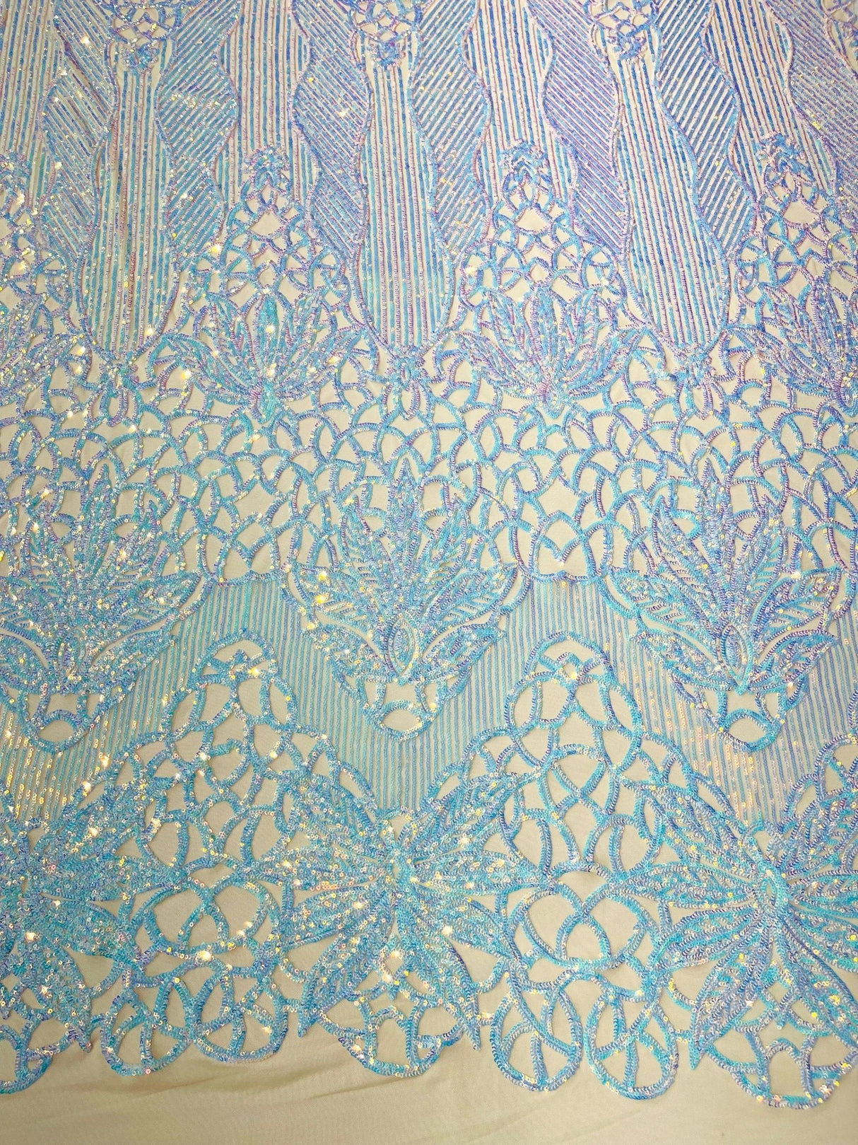 Feather Damask Sequin Design 4 Way Stretch Mesh Fabric - Floral Damask, Iridescent Sequins, 4 Way Stretch, 1 Yard