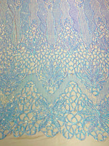 Feather Damask Sequin Design 4 Way Stretch Mesh Fabric - Floral Damask, Iridescent Sequins, 4 Way Stretch, 1 Yard