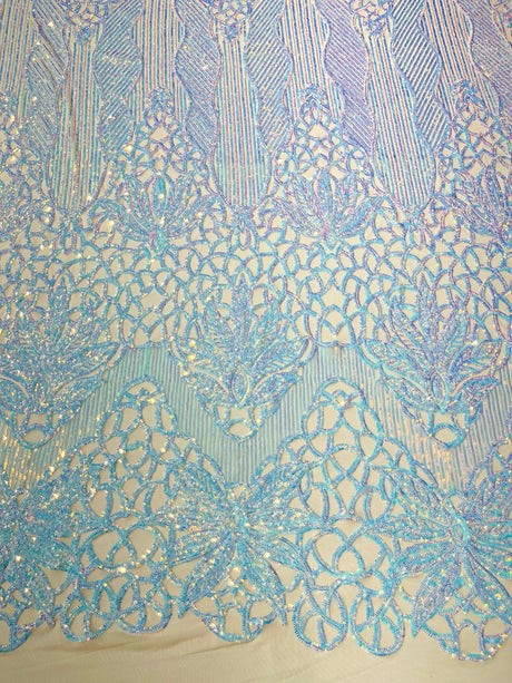 Feather Damask Sequin Design 4 Way Stretch Mesh Fabric - Floral Damask, Iridescent Sequins, 4 Way Stretch, 1 Yard