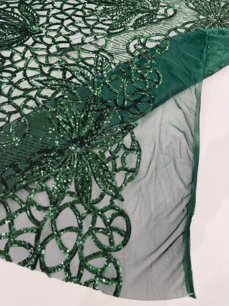 Feather Damask Sequin Design 4 Way Stretch Mesh Fabric - Floral Damask, Iridescent Sequins, 4 Way Stretch, 1 Yard