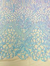 Feather Damask Sequin Design 4 Way Stretch Mesh Fabric - Floral Damask, Iridescent Sequins, 4 Way Stretch, 1 Yard
