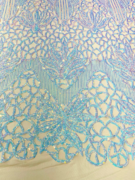 Feather Damask Sequin Design 4 Way Stretch Mesh Fabric - Floral Damask, Iridescent Sequins, 4 Way Stretch, 1 Yard