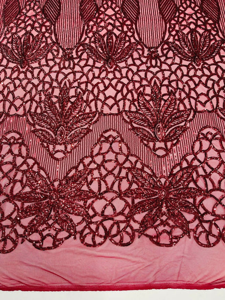 Feather Damask Sequin Design 4 Way Stretch Mesh Fabric - Floral Damask, Iridescent Sequins, 4 Way Stretch, 1 Yard