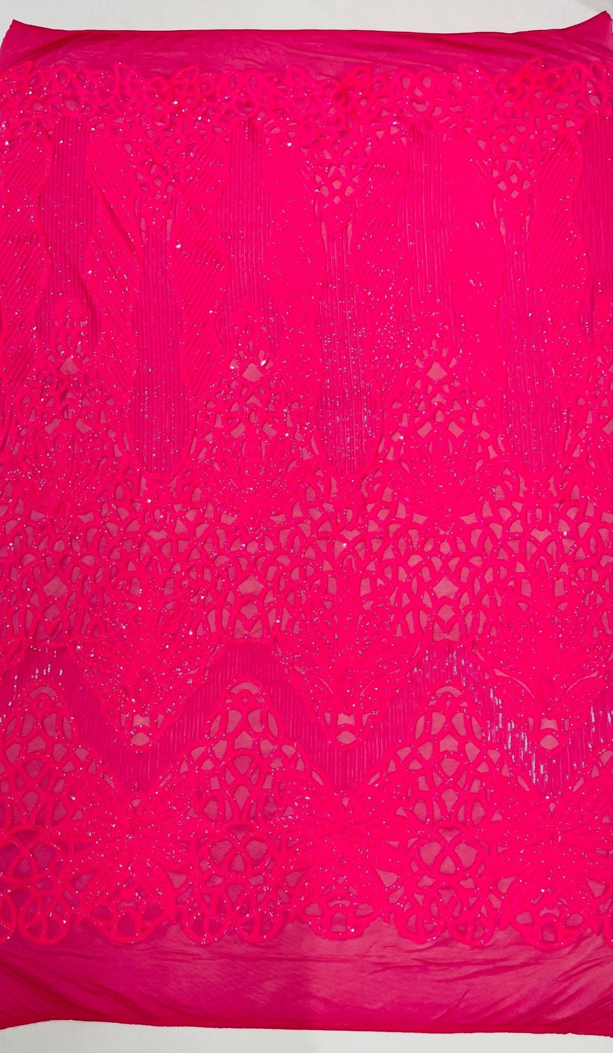 Feather Damask Sequin Design 4 Way Stretch Mesh Fabric - Floral Damask, Iridescent Sequins, 4 Way Stretch, 1 Yard