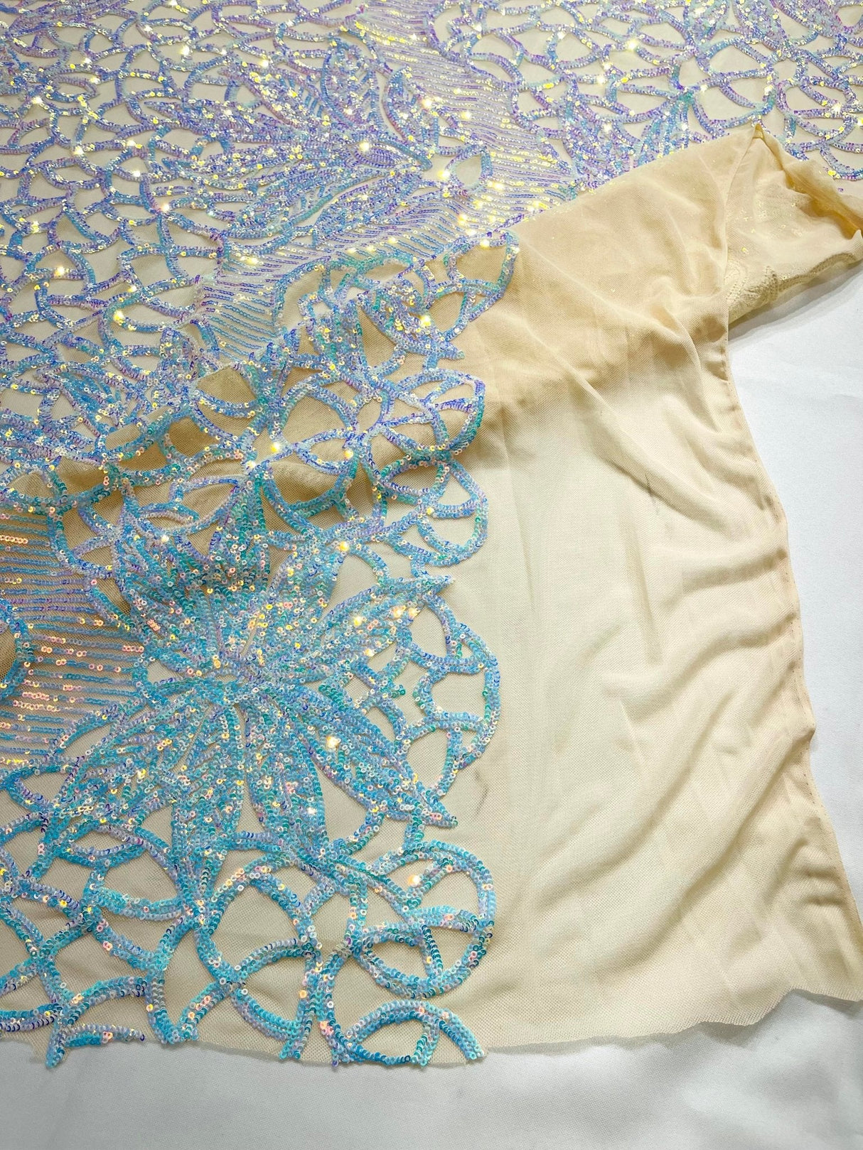 Feather Damask Sequin Design 4 Way Stretch Mesh Fabric - Floral Damask, Iridescent Sequins, 4 Way Stretch, 1 Yard