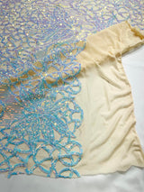 Feather Damask Sequin Design 4 Way Stretch Mesh Fabric - Floral Damask, Iridescent Sequins, 4 Way Stretch, 1 Yard