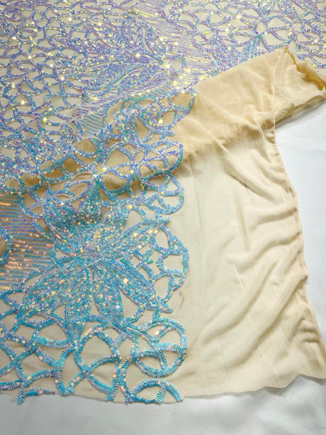 Feather Damask Sequin Design 4 Way Stretch Mesh Fabric - Floral Damask, Iridescent Sequins, 4 Way Stretch, 1 Yard