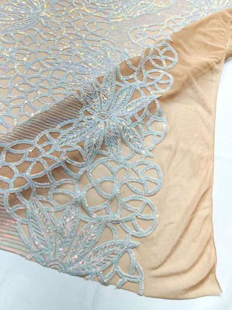 Feather Damask Sequin Design 4 Way Stretch Mesh Fabric - Floral Damask, Iridescent Sequins, 4 Way Stretch, 1 Yard