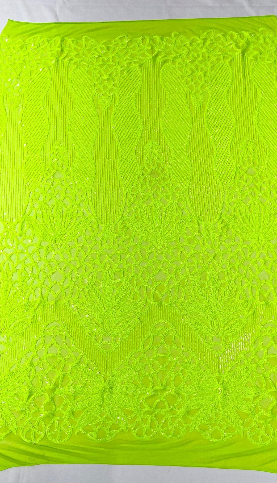 Feather Damask Sequin Design 4 Way Stretch Mesh Fabric - Floral Damask, Iridescent Sequins, 4 Way Stretch, 1 Yard